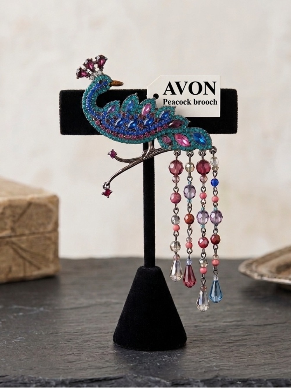 Avon Vintage Rhinestone Peacock Brooch with Dangle Bead Tail